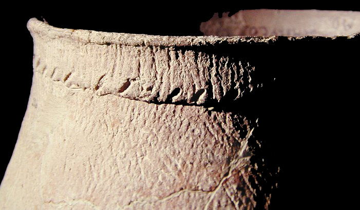 Shepard reconstructed vessel close up view of slashes along the rim strip, from the Shepard site 18MO3-SI Cat. #390889A. - Courtesy of the Smithsonian Institution, Museum of Natural History, Department of Anthropology.